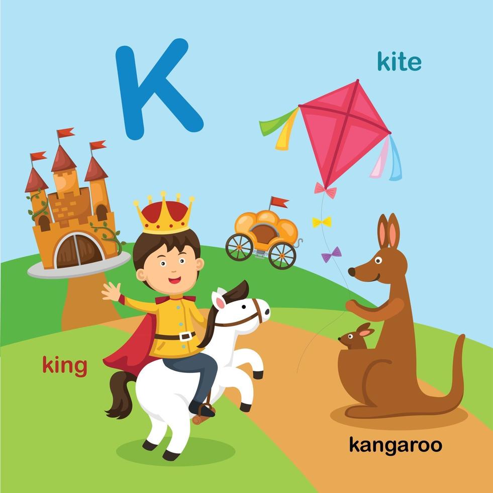illustration isolé alphabet lettre k-kangourou,roi,kite.vector vecteur