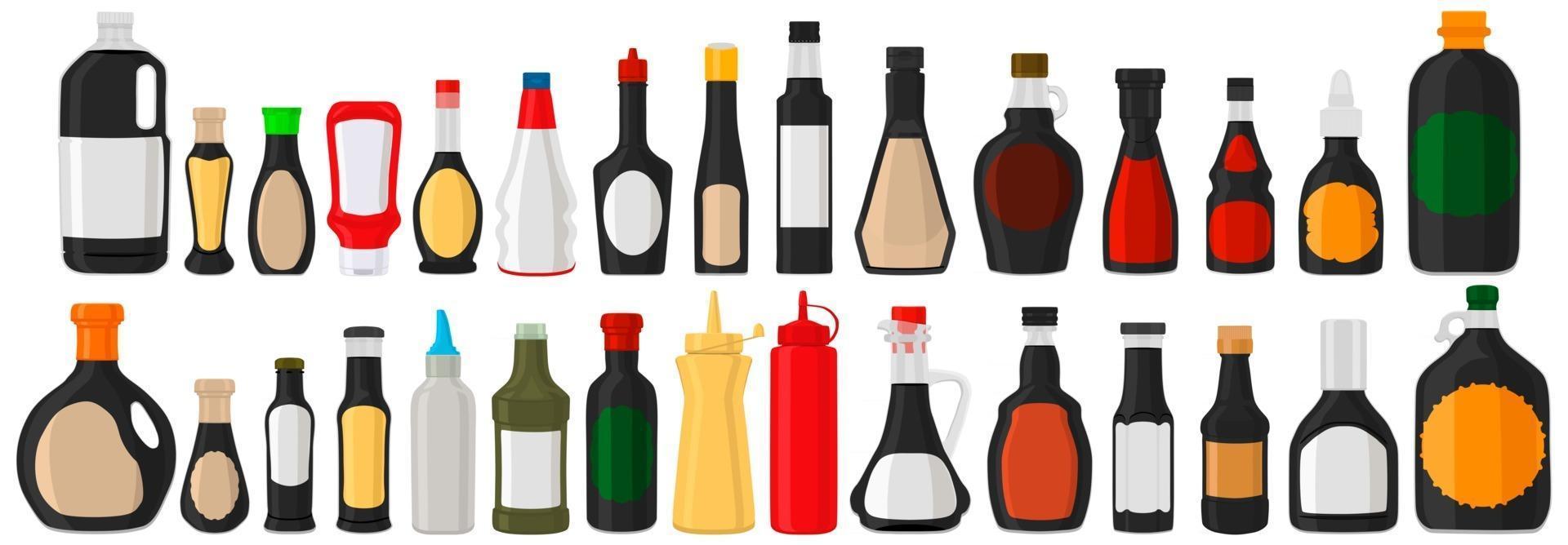 illustration sur le thème grand kit bouteilles en verre variées remplies de sauce soja liquide vecteur