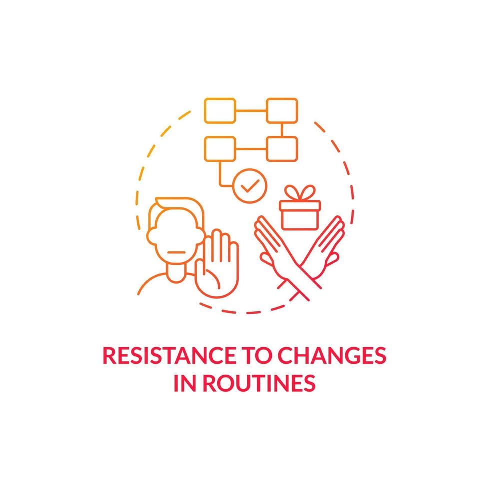 résistance aux changements dans l'icône de concept de routines. signe de l'autisme idée abstraite fine ligne illustration. dépendance à l'ordre et à la prévisibilité. manger de nouveaux aliments. dessin en couleur de contour isolé de vecteur