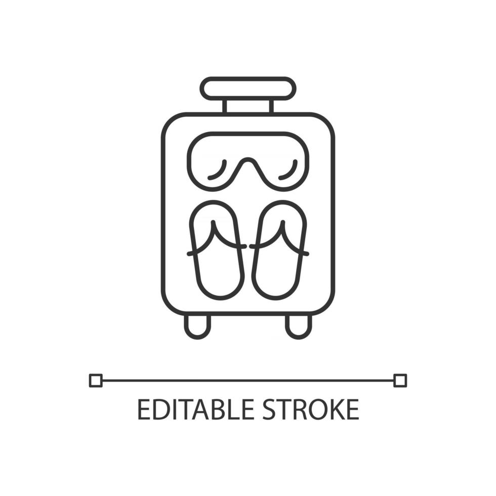 valise ouverte pour l'icône linéaire de vacances d'été. équipements portables à apporter à la station balnéaire. illustration personnalisable de fine ligne. symbole de contour. dessin de contour isolé de vecteur. trait modifiable vecteur