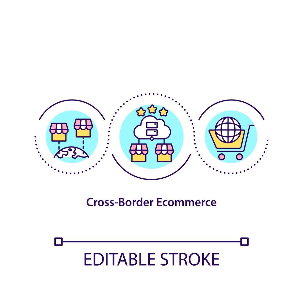 icône de concept de commerce électronique transfrontalier. marché mondial. création d'entreprise en ligne. illustration de ligne mince d'idée abstraite de vente à distance. dessin de couleur de contour isolé de vecteur. trait modifiable vecteur