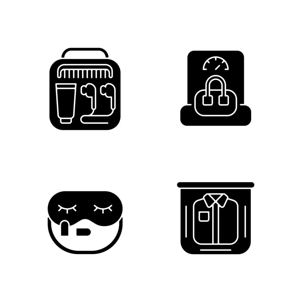 choses essentielles pour voyager des icônes de glyphes noirs sur un espace blanc. handbang portable. emballage de vêtements. objets de taille mini pour le confort touristique. symboles de silhouette. illustration vectorielle isolée vecteur