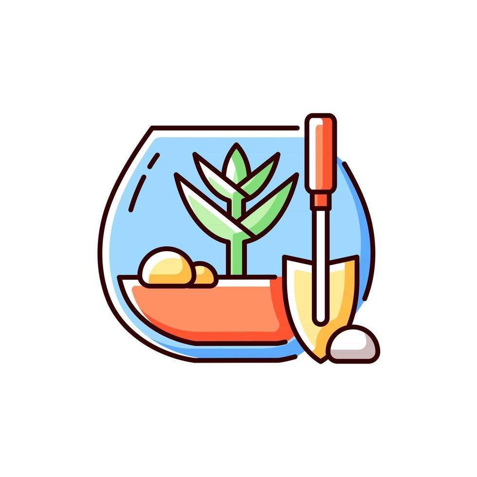 icône de couleur rvb terrarium tropical bricolage. faire pousser des plantes exotiques dans un environnement humide. mousses des bois sous verre. illustration vectorielle isolée. plantes succulentes dans un conteneur simple dessin au trait rempli vecteur