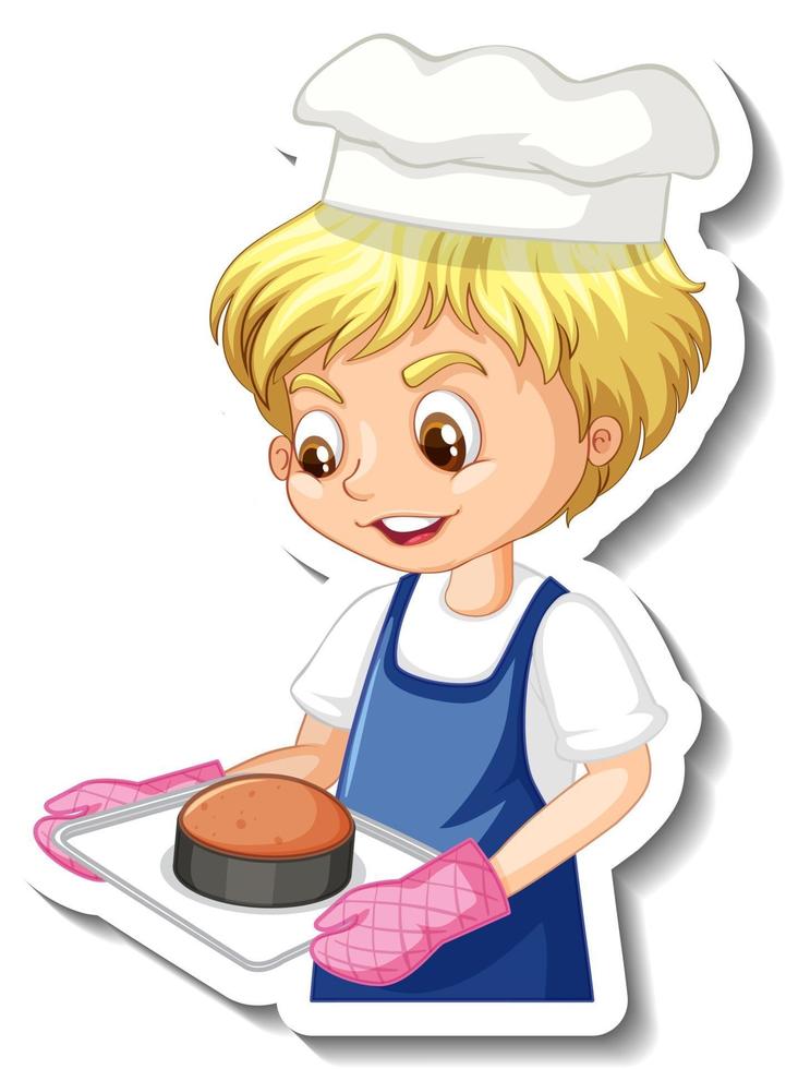 conception d'autocollants avec un garçon boulanger tenant un plateau cuit au four vecteur
