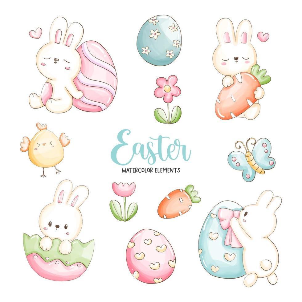 aquarelle joyeuses pâques avec de jolis œufs de lapin et de pâques. illustration vectorielle vecteur