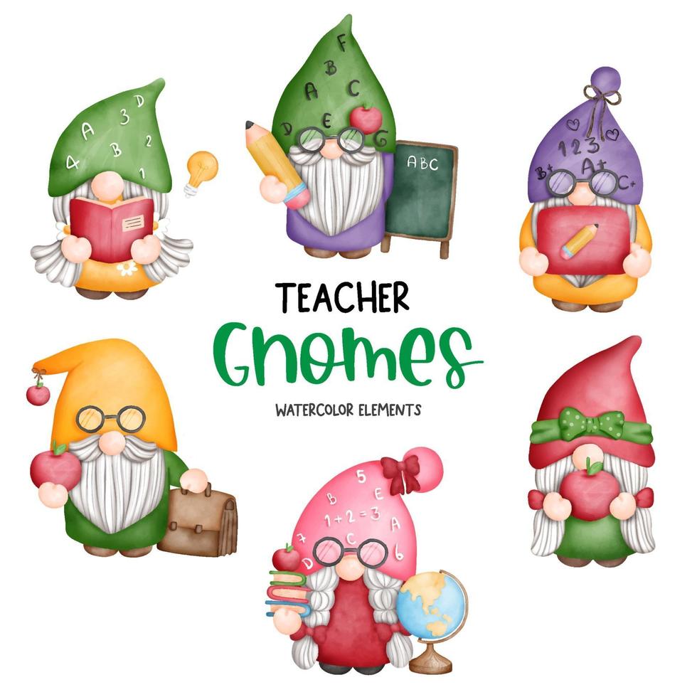 Éléments de gnome de professeur d'aquarelle de peinture numérique, gnome de retour à l'école vecteur