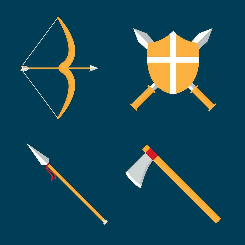 vecteur médiéval armes ensemble. qui consiste de une bouclier, lance, La Flèche et hache. très adapté pour éducatif fins, cours, histoire, et autres