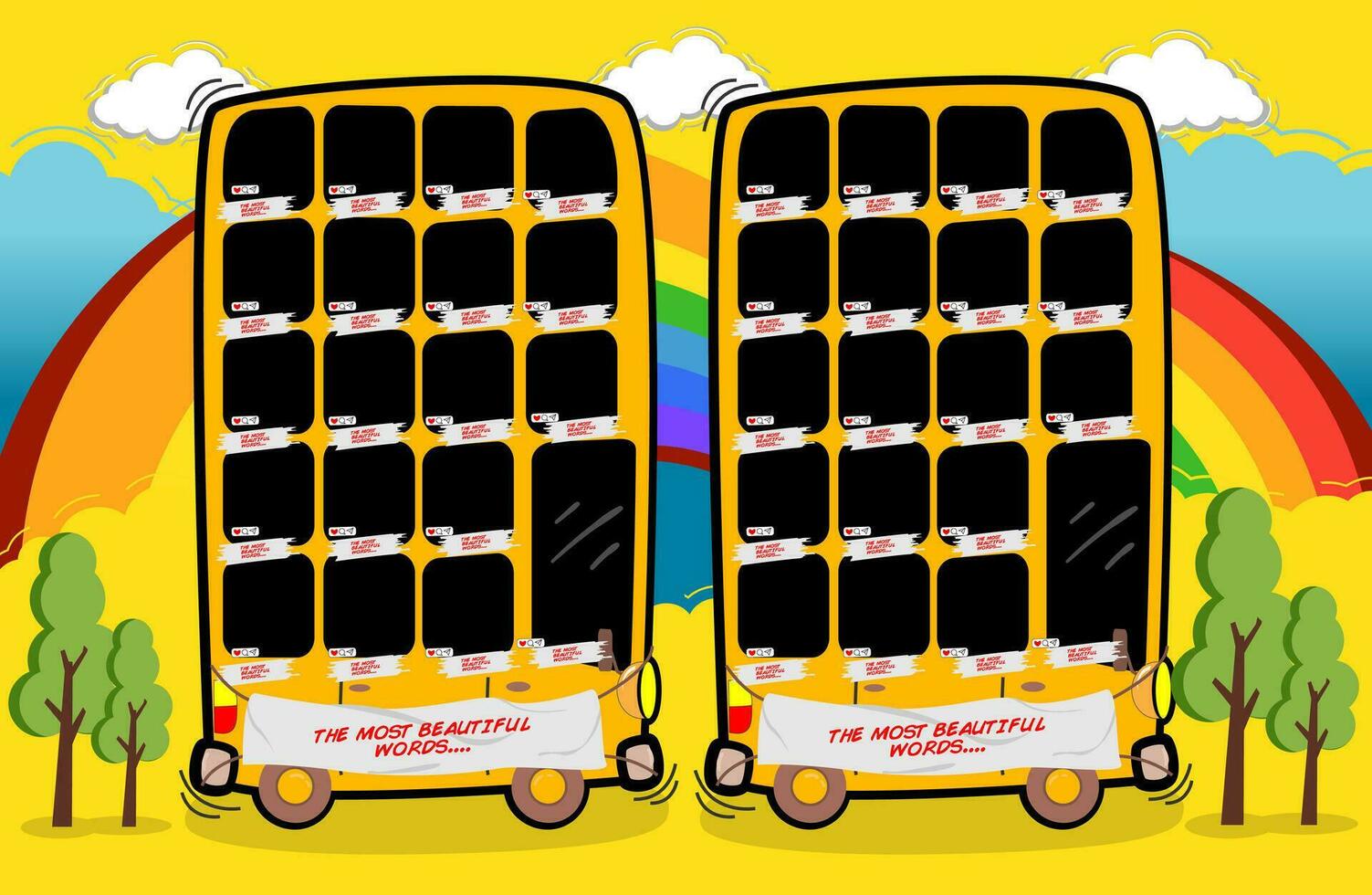 deux Jaune école les autobus avec une arc en ciel dans le arrière-plan, photo Cadre ensemble école, enfants, amusant, de bonne humeur vecteur