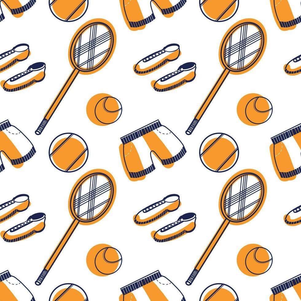 sans couture vecteur modèle. tennis raquettes, baskets, des balles, short tiré sur le tablette dans foncé bleu et orange. adapté pour impression sur en tissu et papier, pour conception.