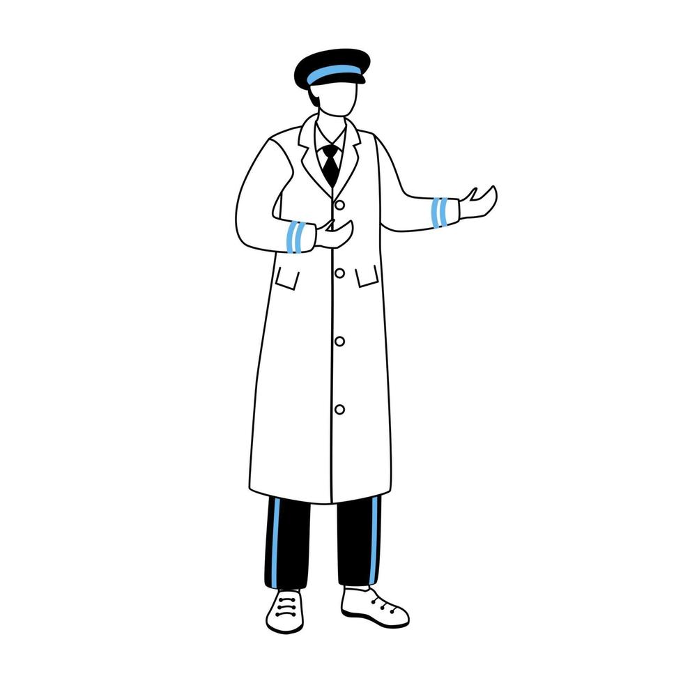 illustration vectorielle plane de portier. personnel de l'hôtel, service d'accueil. conciergerie accueillant les clients. portier de salle en casquette et manteau. portier en personnage de dessin animé uniforme avec contour sur blanc vecteur