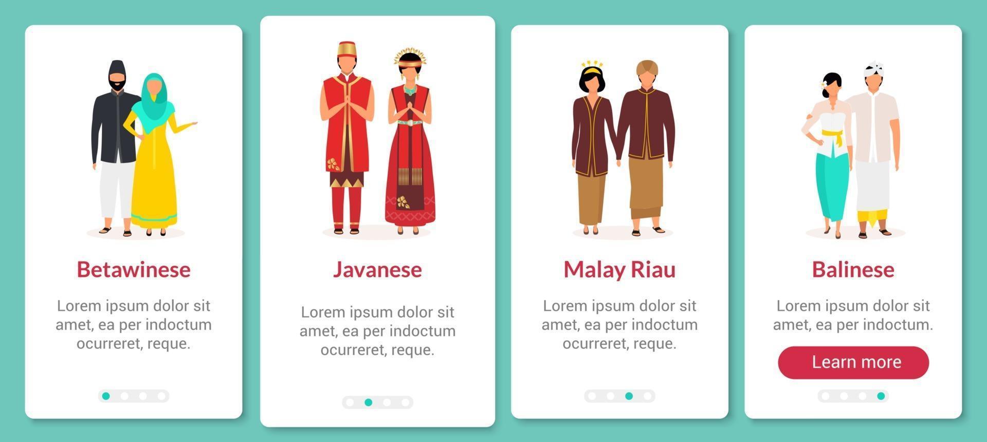 les groupes ethniques indonésiens intègrent le modèle vectoriel d'écran d'application mobile. culturelles et traditionnelles. Procédure pas à pas du site Web avec des caractères plats. concept d'interface de dessin animé pour smartphone ux, ui, gui