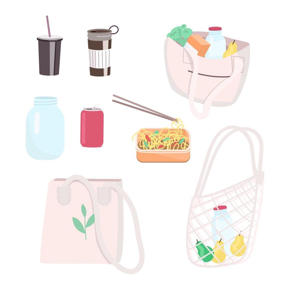 ensemble d'objets vectoriels couleur plat zéro déchet. sacs réutilisables pour faire les courses, mug thermo, récipient pour plats à emporter avec nouilles. sacs à main sans plastique. 2d illustrations de dessins animés isolés sur fond blanc vecteur