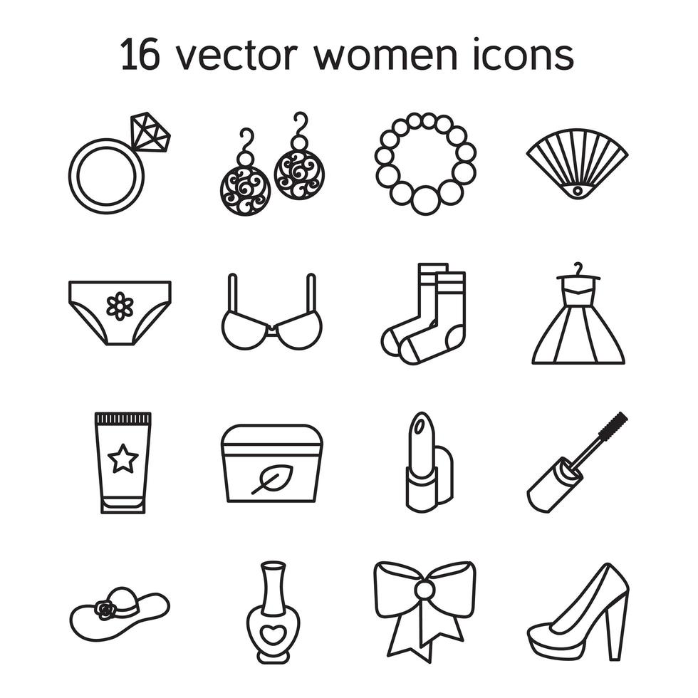 femme, accessoires, icônes, ensemble, de, cosmétiques, vêtements vecteur