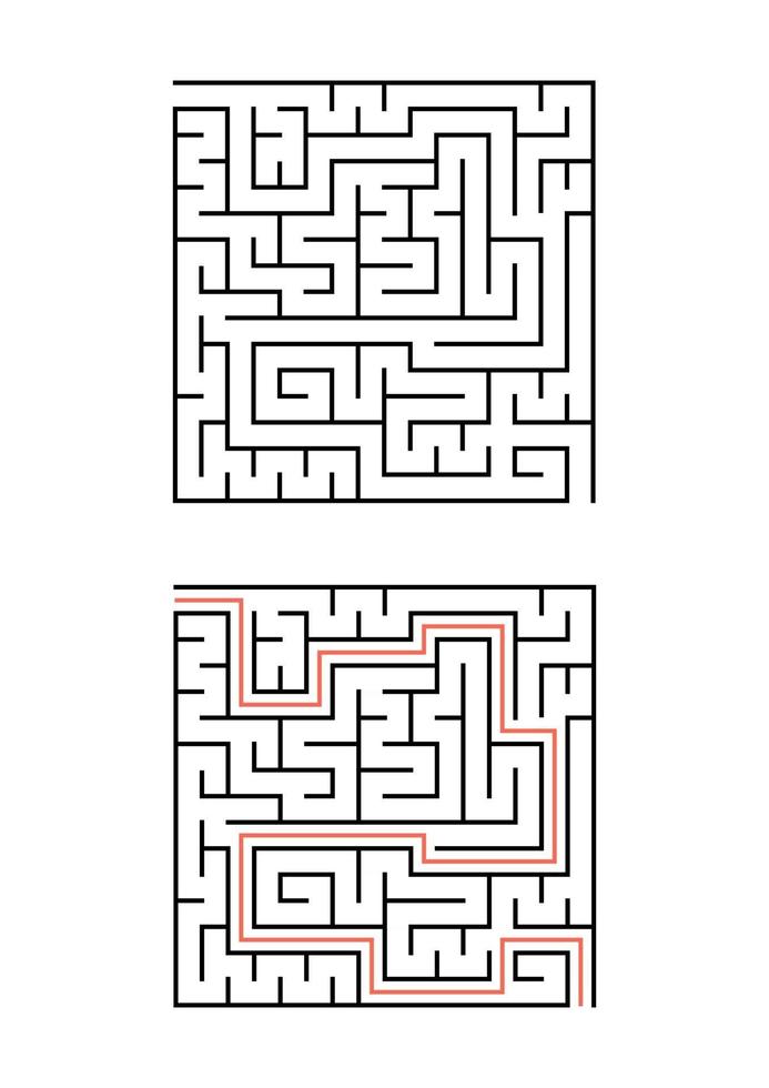 un labyrinthe carré pour les enfants. illustration vectorielle plane simple isolée sur fond blanc. avec la réponse. vecteur