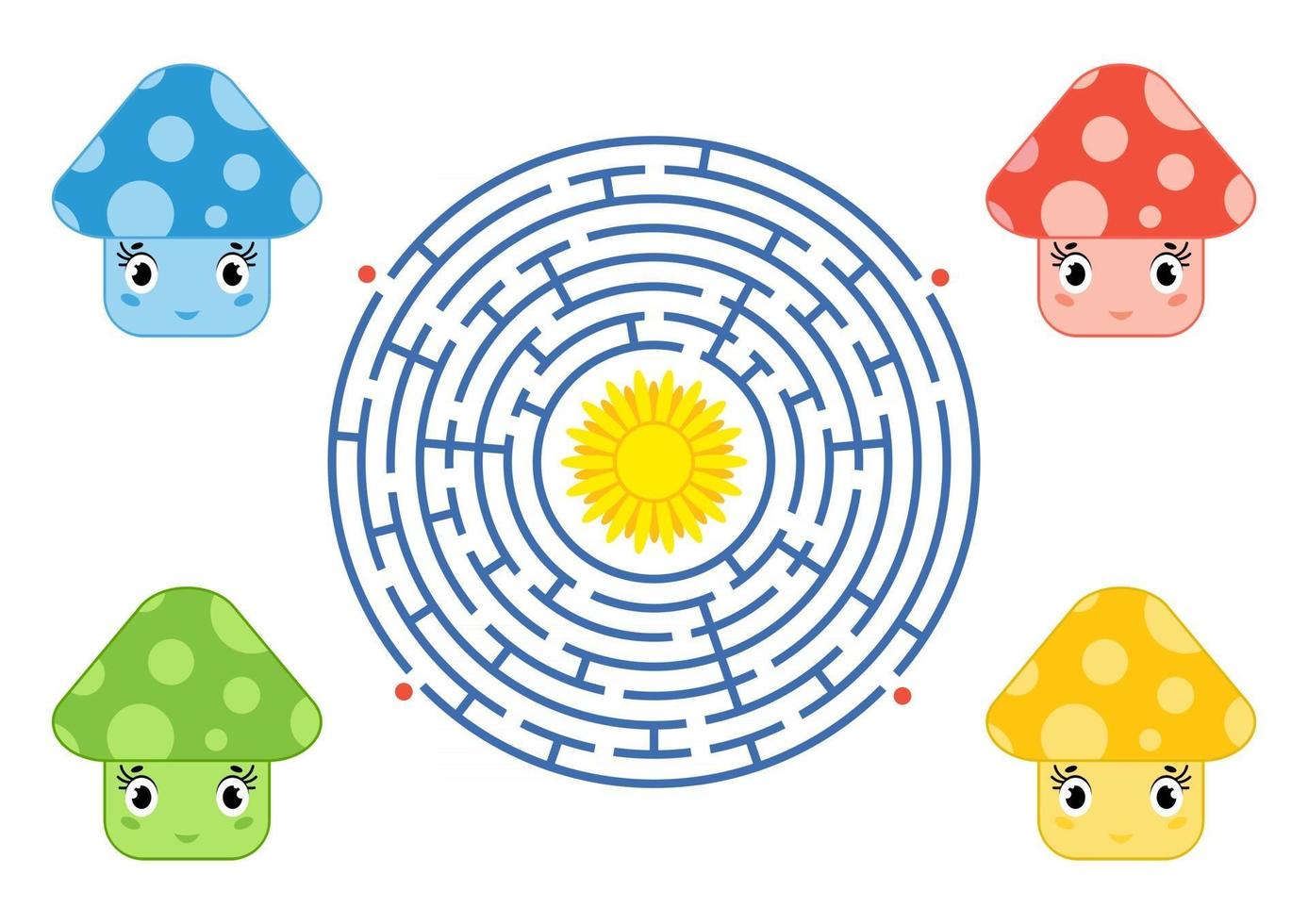 labyrinthe rond avec des personnages de dessins animés. champignons mignons. un jeu intéressant et évolutif pour les enfants. illustration vectorielle simple plat isolé vecteur