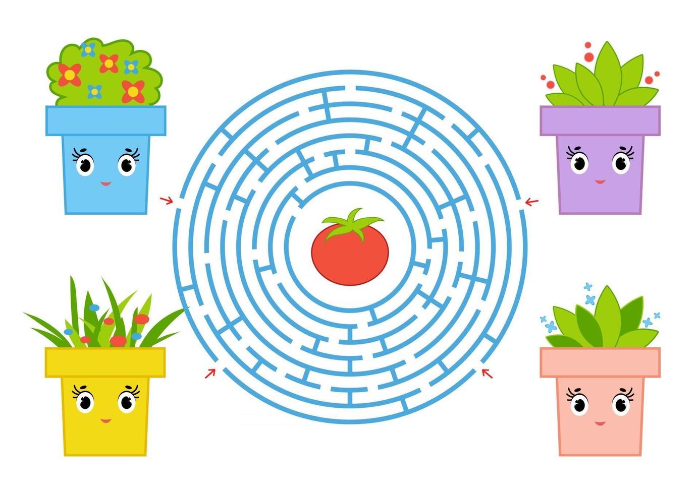 labyrinthe rond avec des personnages de dessins animés. pot de fleur mignon. un jeu intéressant et évolutif pour les enfants. illustration vectorielle simple plat isolé vecteur