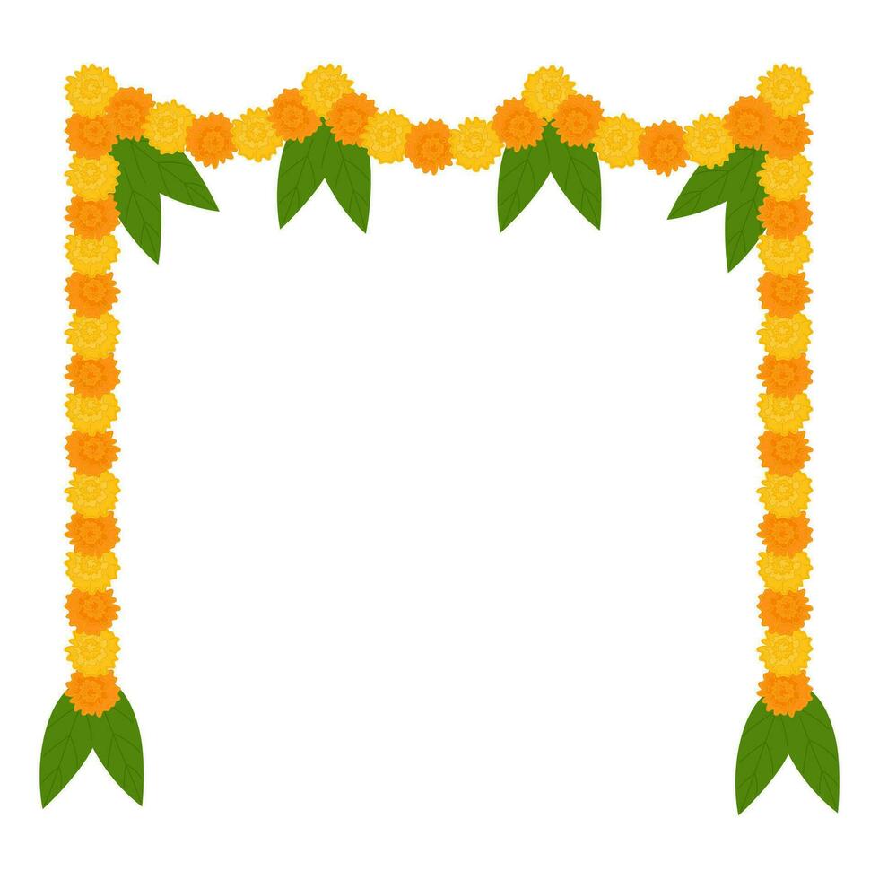 guirlande de fleurs indiennes traditionnelles avec des fleurs de souci et des feuilles de mangue. décoration pour les fêtes hindoues indiennes. illustration vectorielle isolée sur fond blanc. vecteur