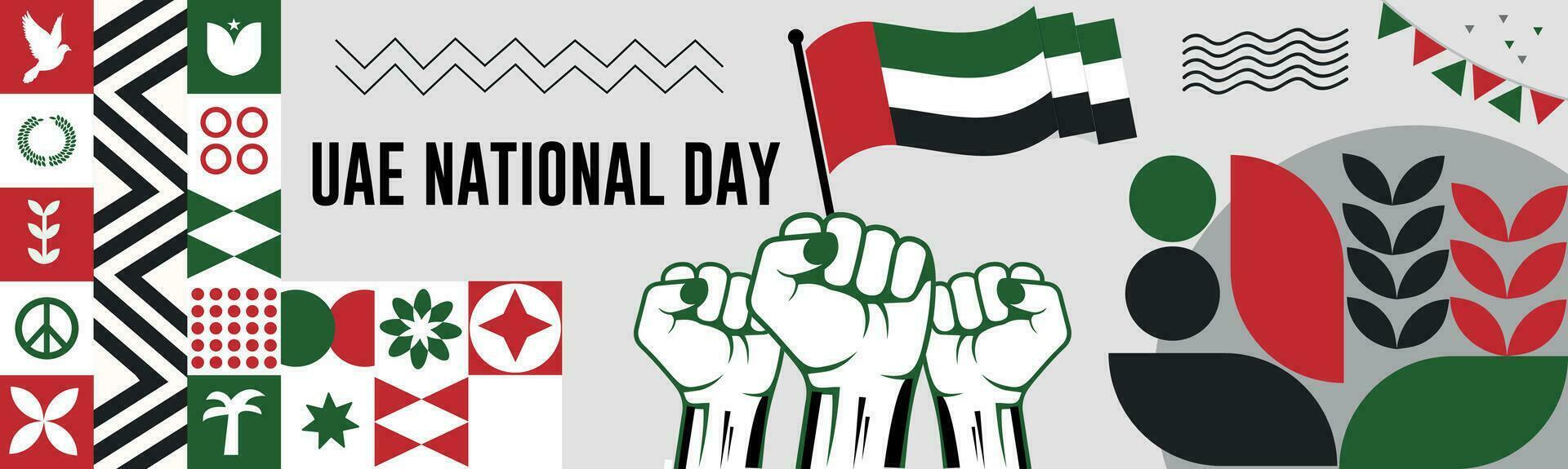 uea nationale journée bannière avec carte, drapeau de uni arabe émirats couleurs thème Contexte et géométrique abstrait rétro moderne coloré conception avec élevé mains ou poings. vecteur