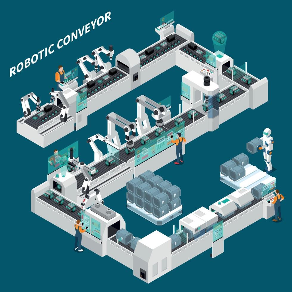 illustration vectorielle de convoyeur automatisé fond isométrique vecteur