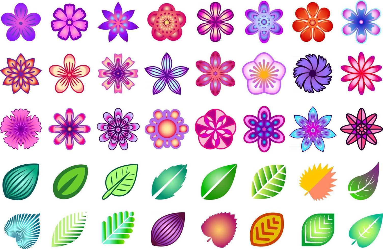 ensemble floral coloré. collection de fleurs et de feuilles stylisées colorées. éléments de conception florale. vecteur