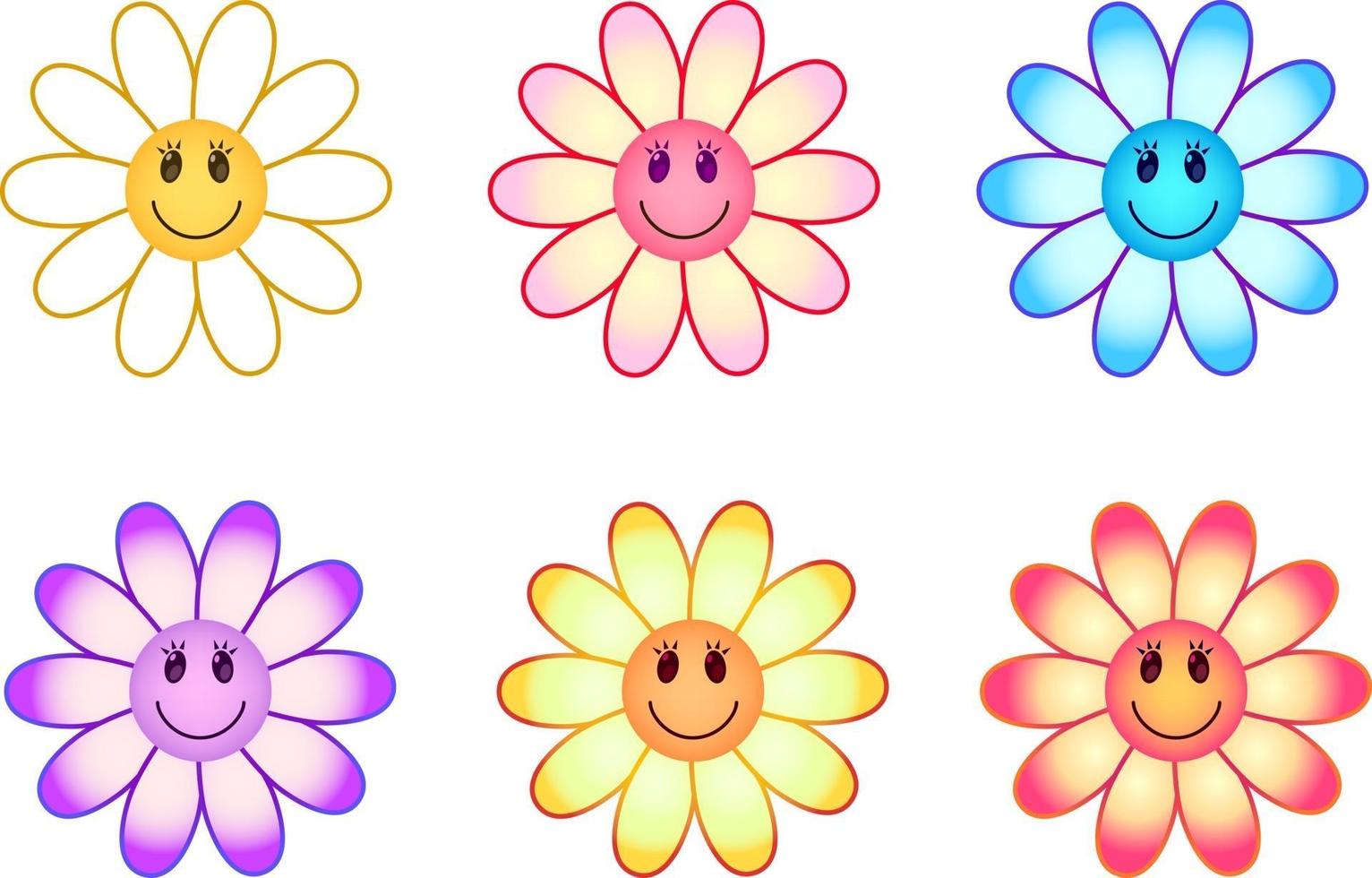 ensemble de fleurs colorées. collection de camomilles souriantes de différentes couleurs et dégradés. sourire fleurs isolés sur fond blanc. vecteur