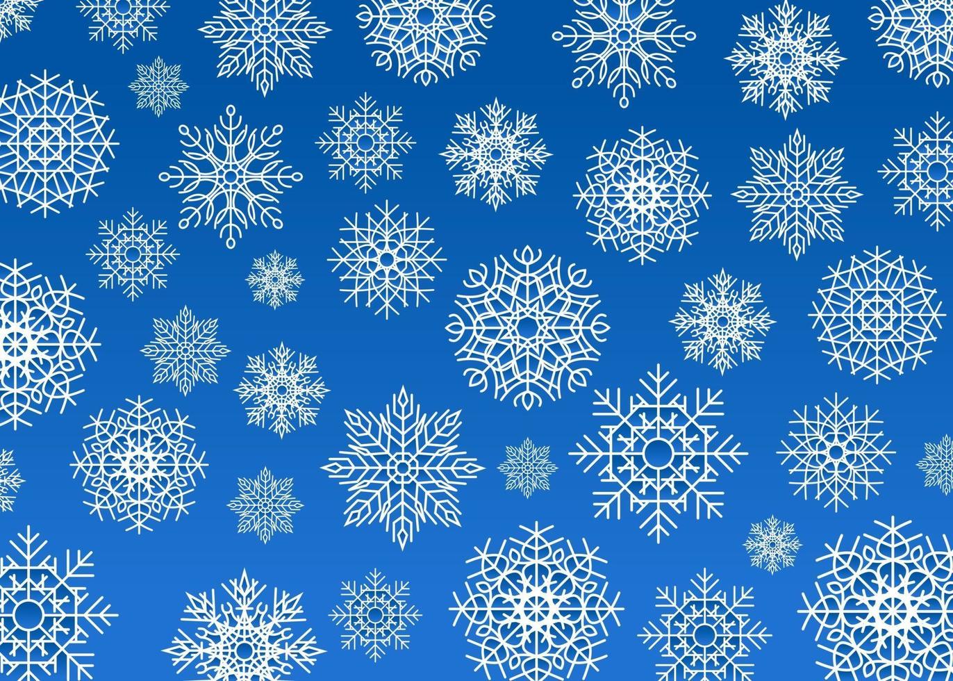 fond de flocons de neige, flocons de neige blancs sur fond bleu. fond de nouvel an, flocons de taille aléatoire, différents motifs symétriques vecteur