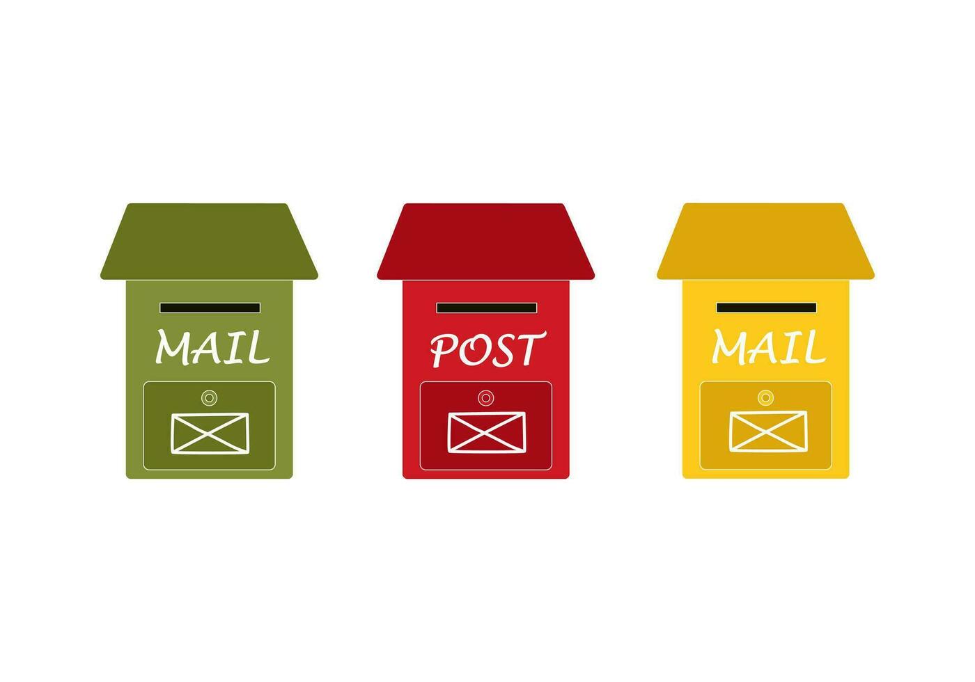 une ensemble de rouge, Jaune et vert coloré boîtes aux lettres avec une fente pour journaux et des lettres. boites aux lettres avec une inscription courrier et enveloppe signe. vecteur illustration