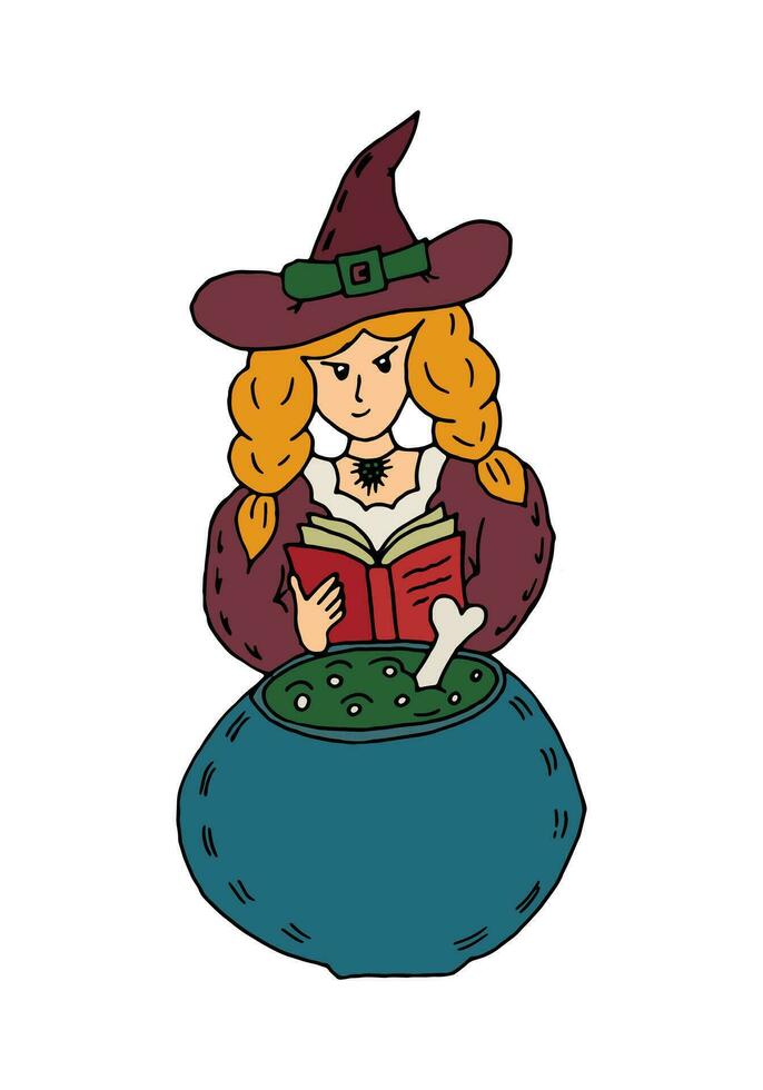 une sorcière dans une chapeau détient une livre de sorts dans sa mains et brasseries une potion. Halloween, dessin animé griffonnage illustration vecteur
