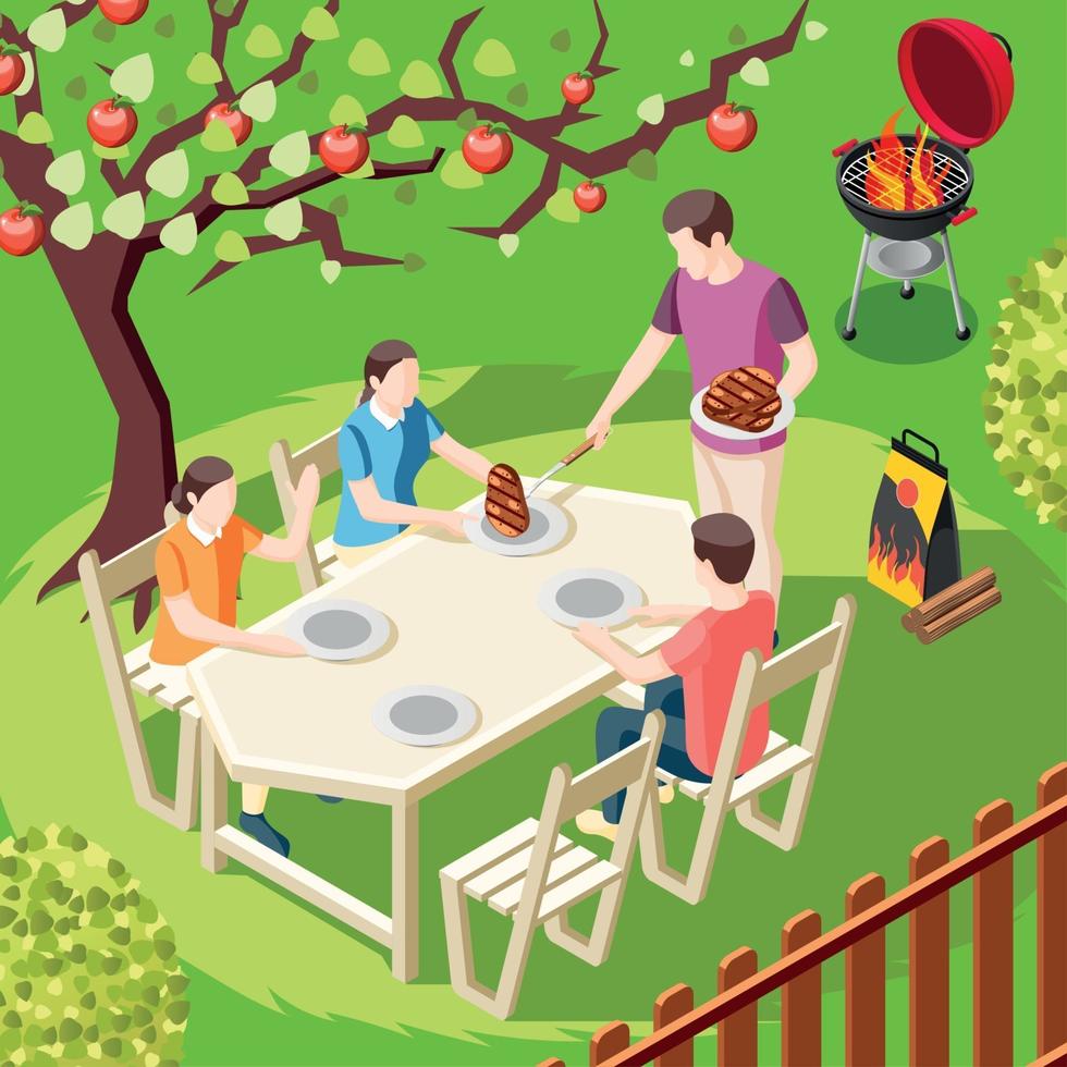 barbecue familial fond isométrique vector illustration