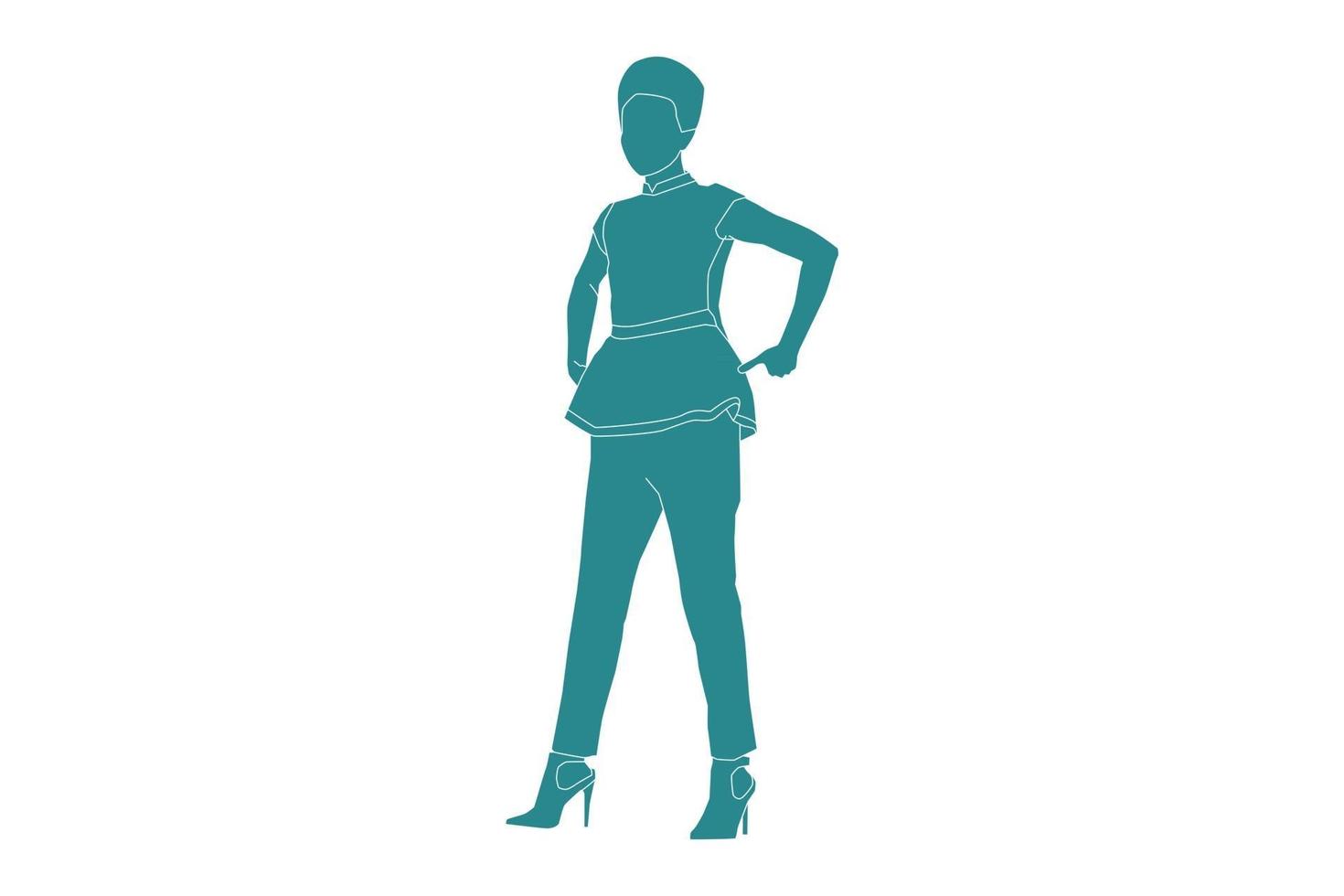 Vector illustration of casual woman posing, style plat avec contour