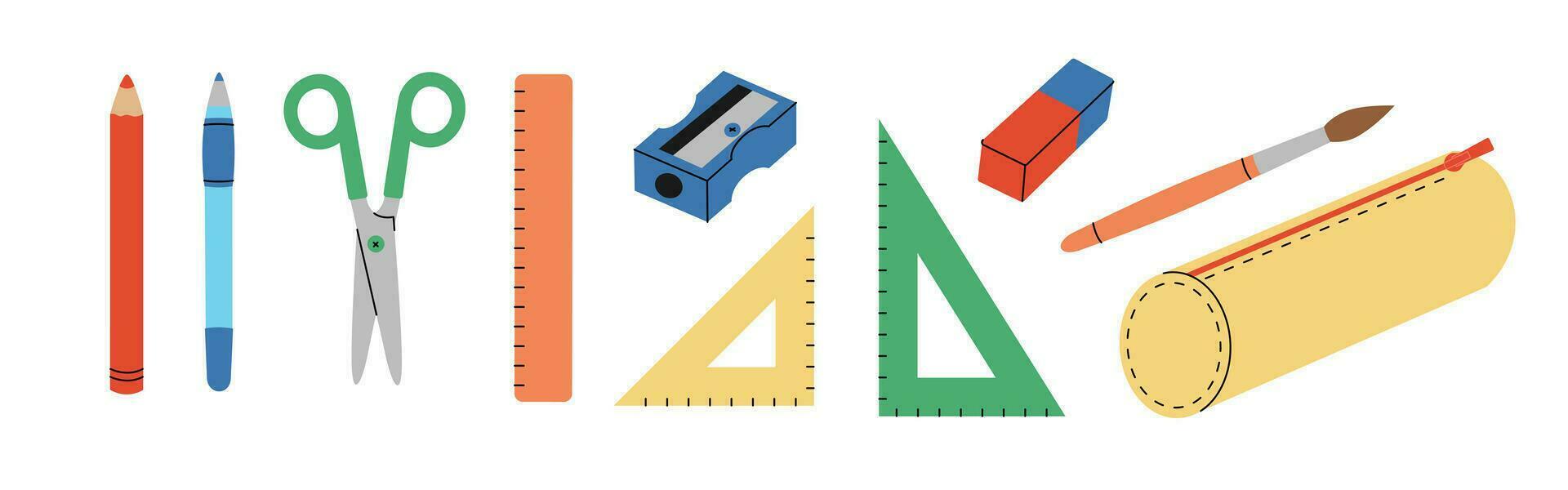 papeterie ensemble avec stylo, crayon, ciseaux, dirigeants, taille crayon, gomme, brosse et crayon cas. Provisions pour école, collège, bureau. vecteur plat illustration isolé sur blanc Contexte