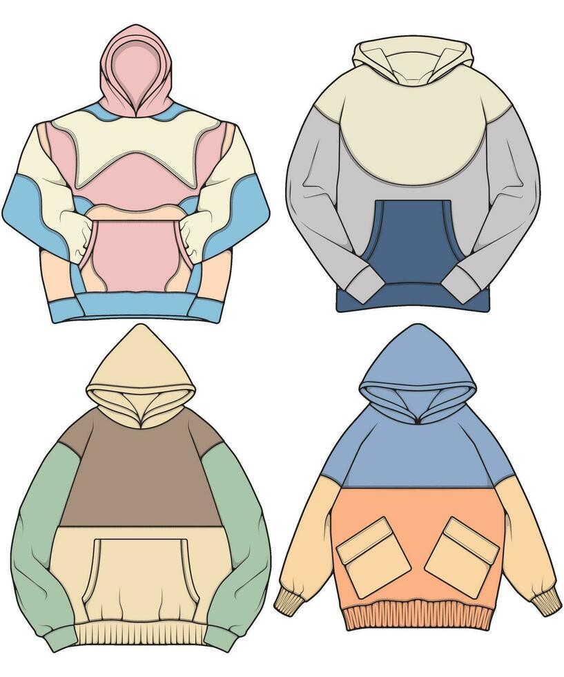 énorme sweat à capuche technique mode illustration avec détendu adapter, longue manches. plat vêtements d'extérieur sauteur vêtements modèle. femmes, Hommes, unisexe sweat-shirt Haut maquette vecteur