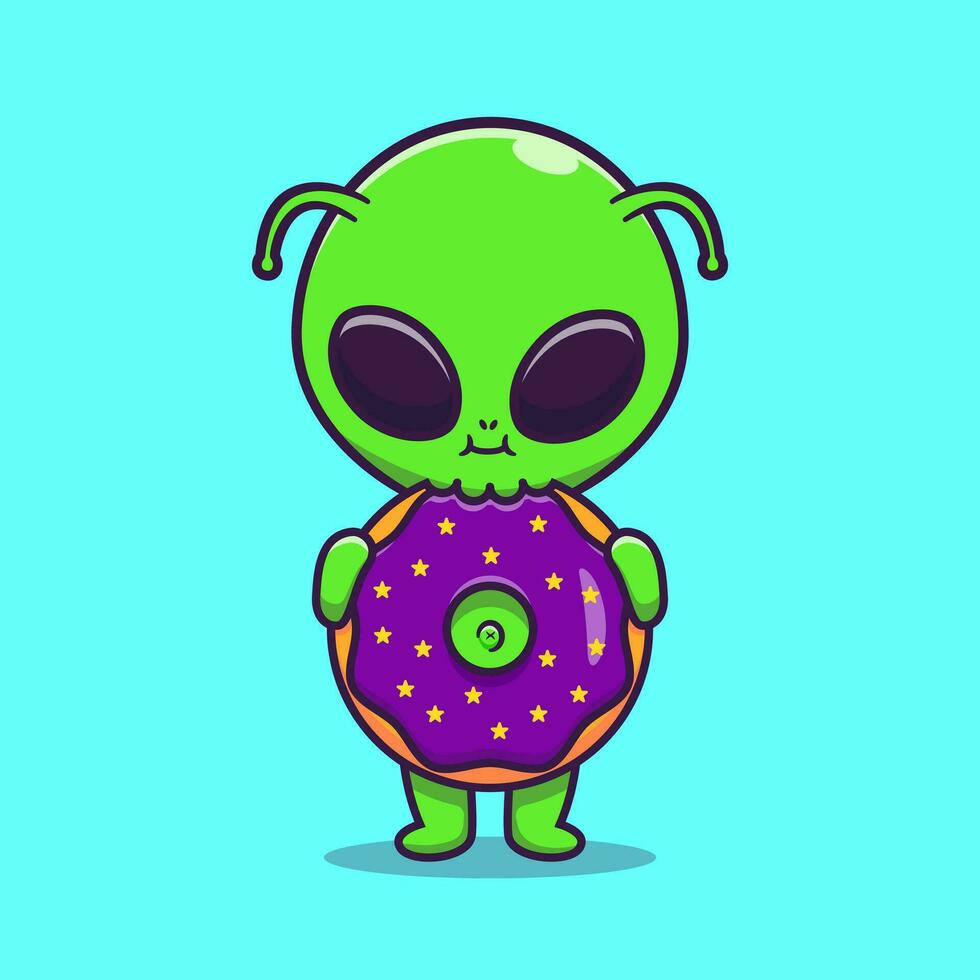 mignonne extraterrestre en mangeant Donut dessin animé vecteur icône illustration. science nourriture icône concept isolé prime vecteur. plat dessin animé style