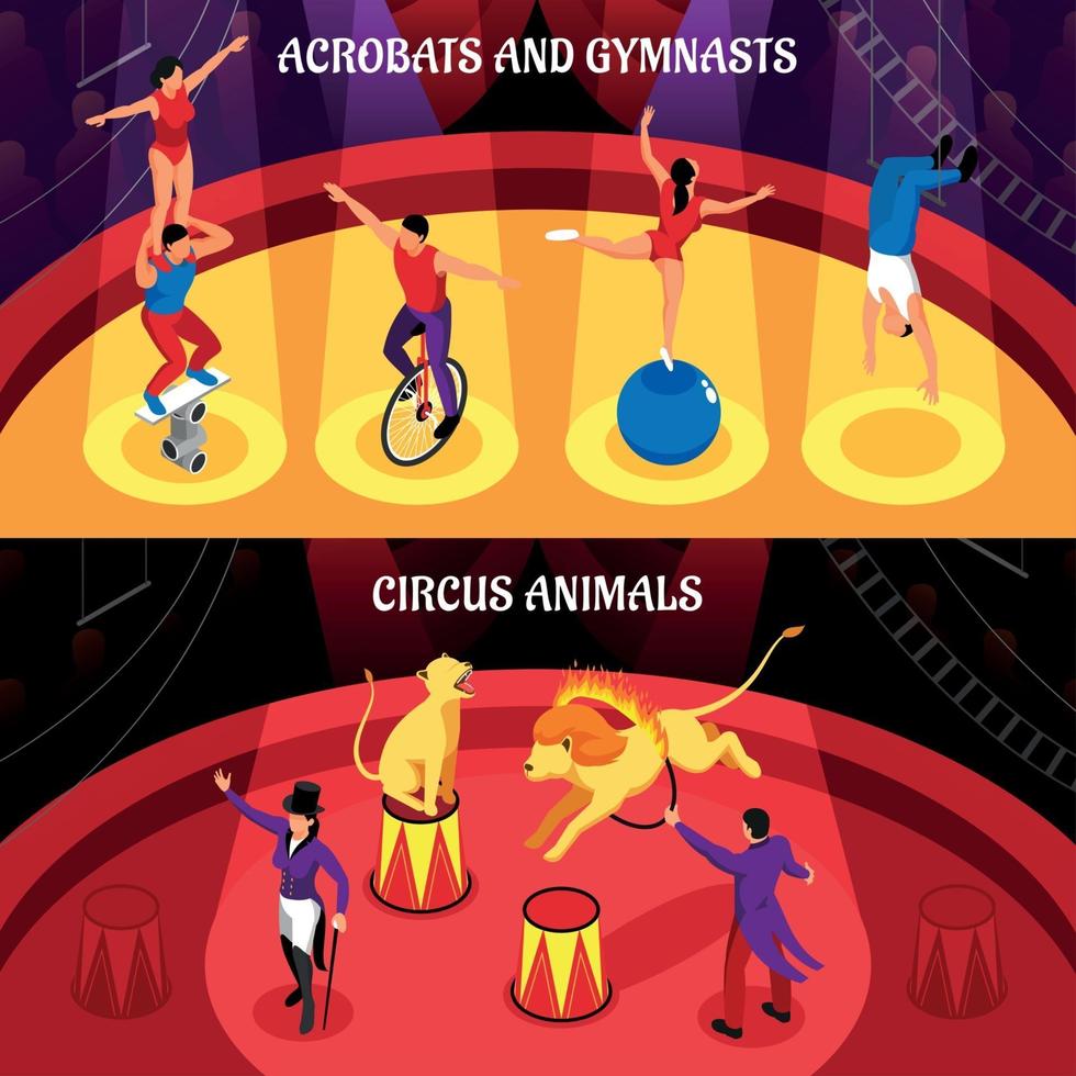 Les métiers du cirque bannières isométriques vector illustration