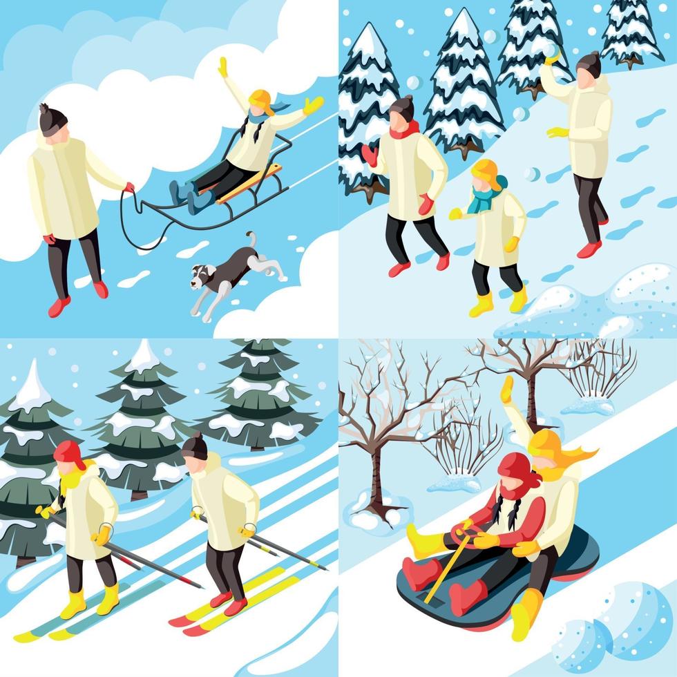 vacances d'hiver en famille concept isométrique vector illustration