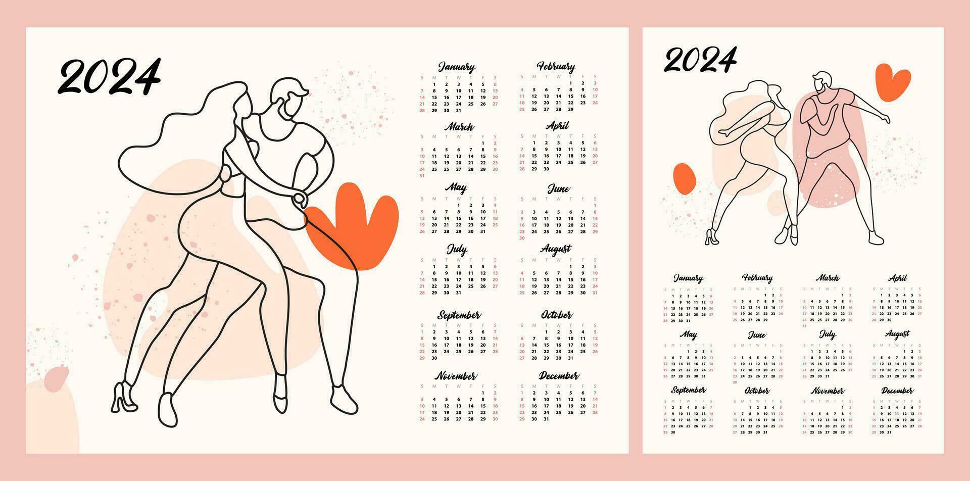 calendrier disposition pour 2024. une couple dans l'amour dansant bachata. illustration de gens dans le style de ligne art. planeur pour impression vecteur