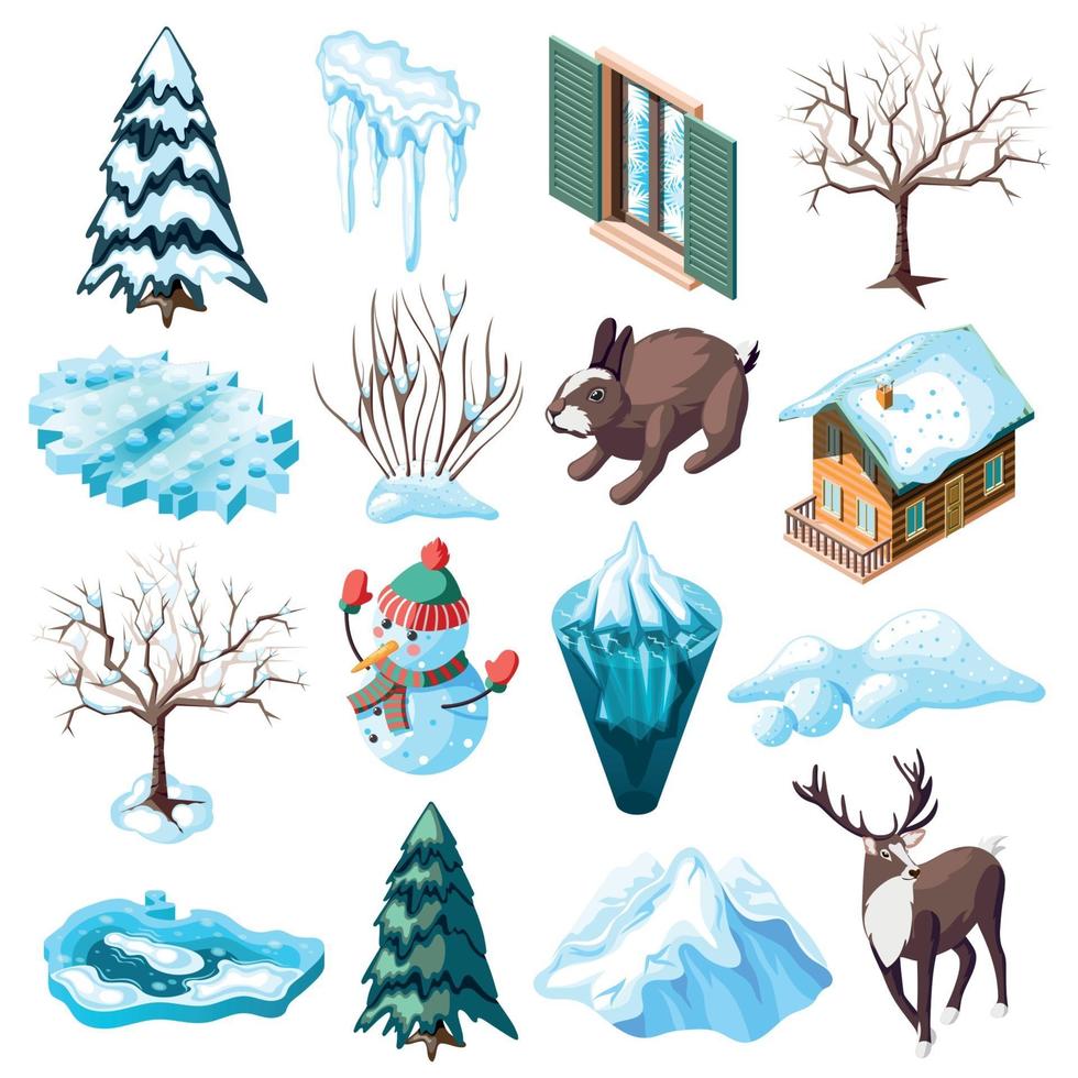 aménagement paysager d'hiver icônes isométriques vector illustration