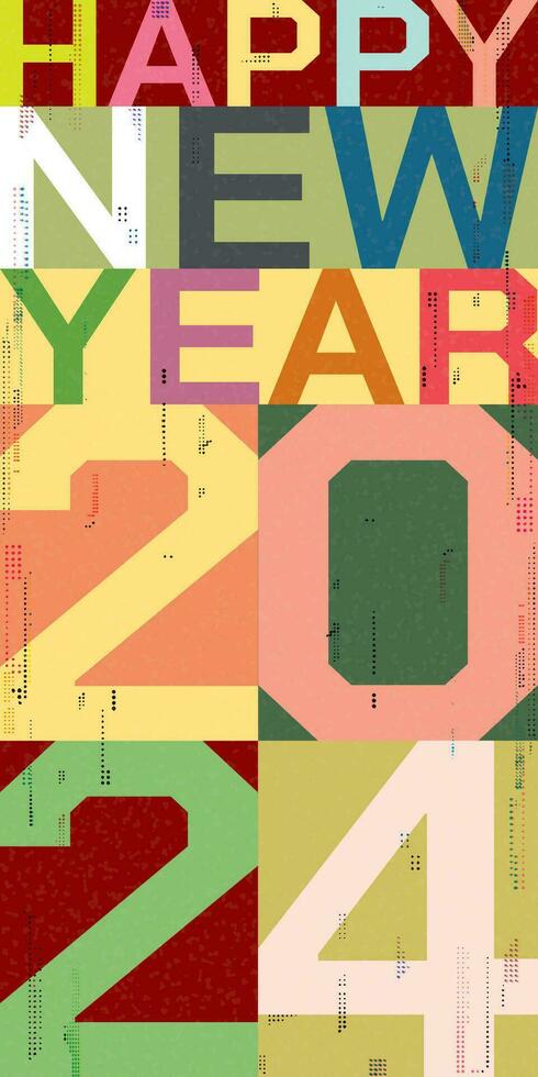 coloré content Nouveau année 2024 calligraphie rétro style verticale plat conception vecteur illustration avec risographe impression effet.