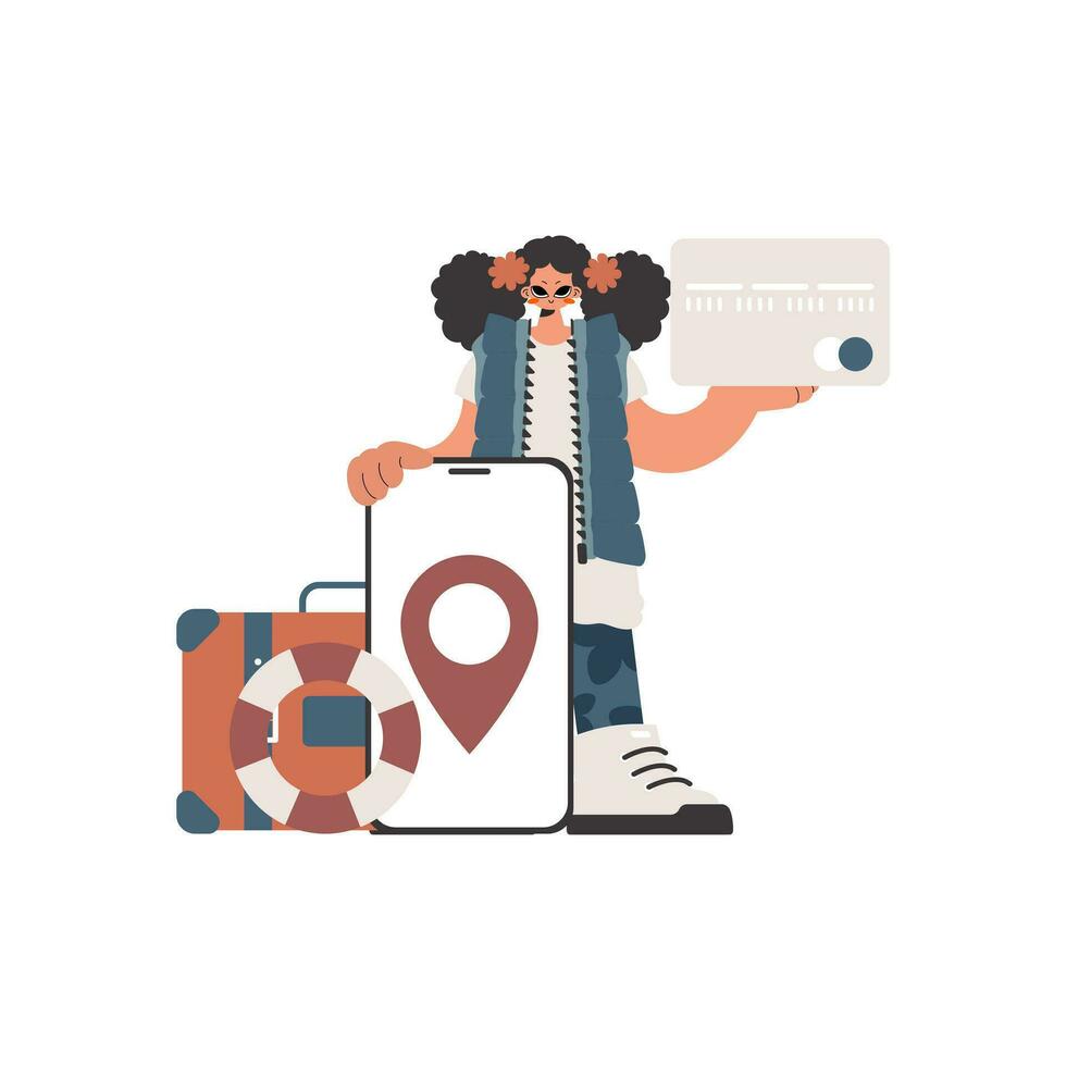 le animé femme est en portant une banque carte et une téléphone avec une zone. tiré retour sur blanc établissement. branché style, vecteur illustration