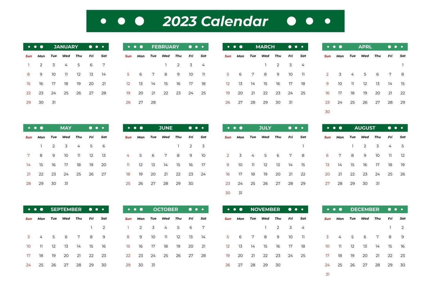 Calendrier 2023 avec détails verts vecteur