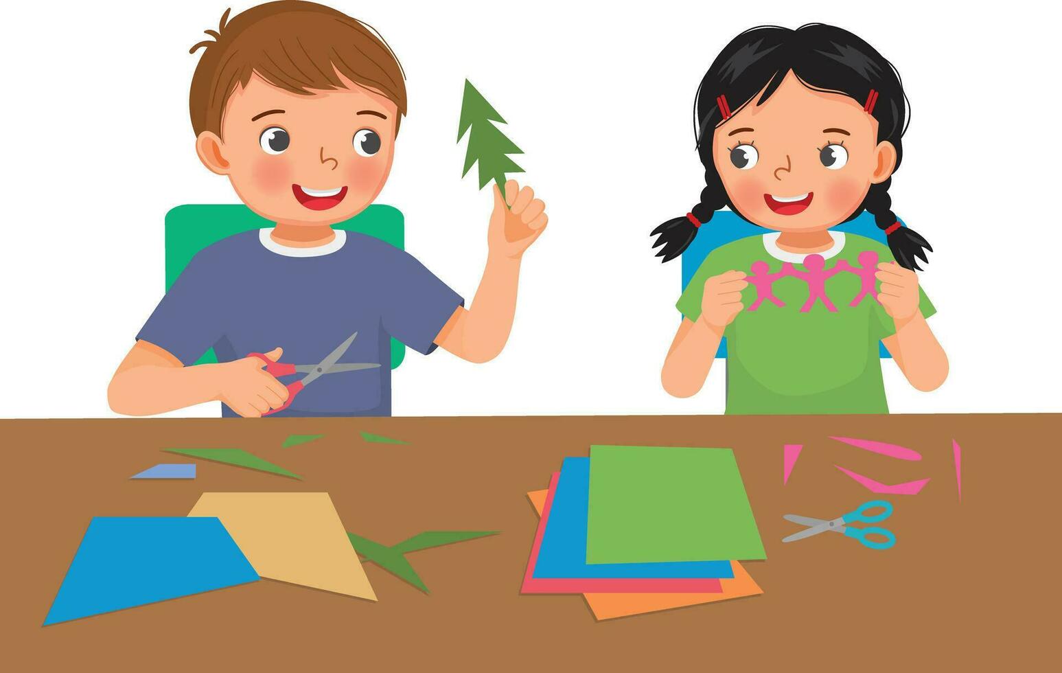 mignonne peu des gamins garçon et fille Coupe coloré papier avec les ciseaux fabrication papier Couper art artisanat vecteur
