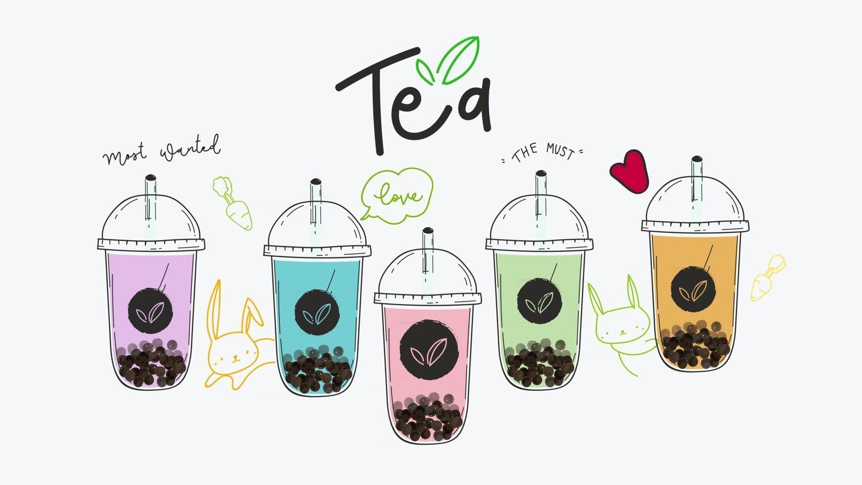 collection de conception de thé au lait à bulles, thé au lait perlé, thé au lait boba, boissons délicieuses, cafés avec bannière de style doodle, illustration vectorielle. vecteur