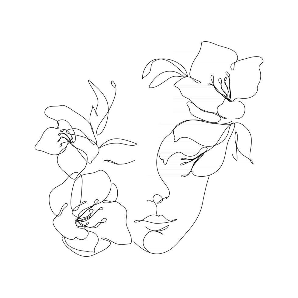 femmes et fleurs dessin au trait. fille avec des fleurs et laisse une ligne de dessin vectoriel. dessin d'art en ligne continue de portrait pour les impressions, les tatouages, les cosmétiques, la mode, les salons de beauté et la décoration murale. vecteur