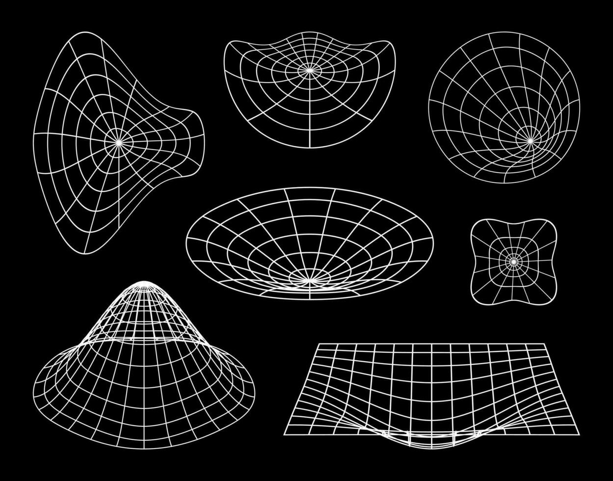 ensemble de blanc 3d filaire formes et la perspective grilles sur noir Contexte. vecteur