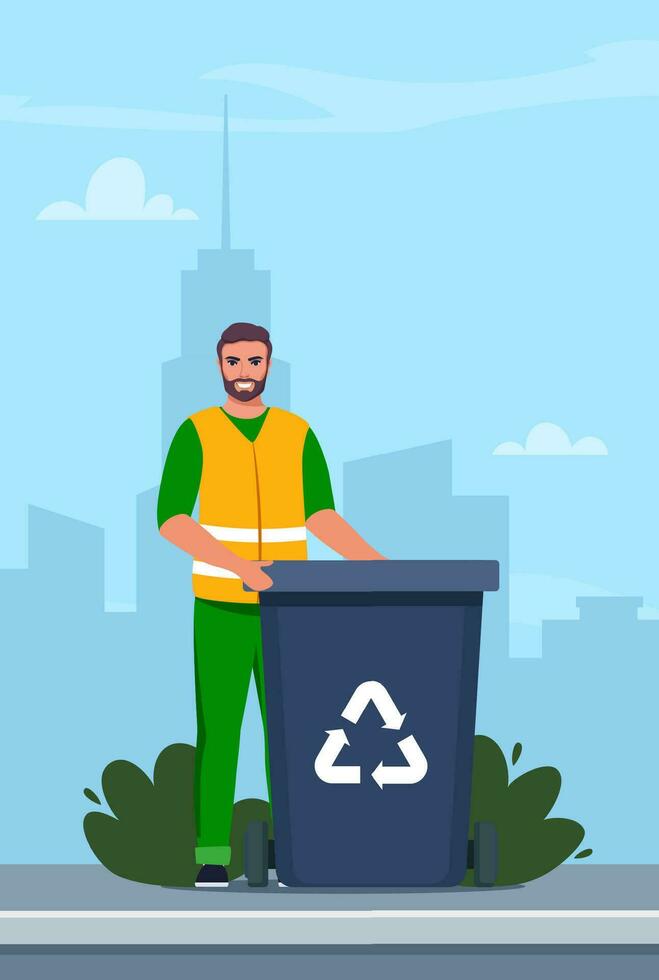 des ordures homme dans uniforme avec noir poubelle poubelle et recyclage symbole sur il. des ordures tri. zéro déchets, environnement protection concept. vecteur illustration.