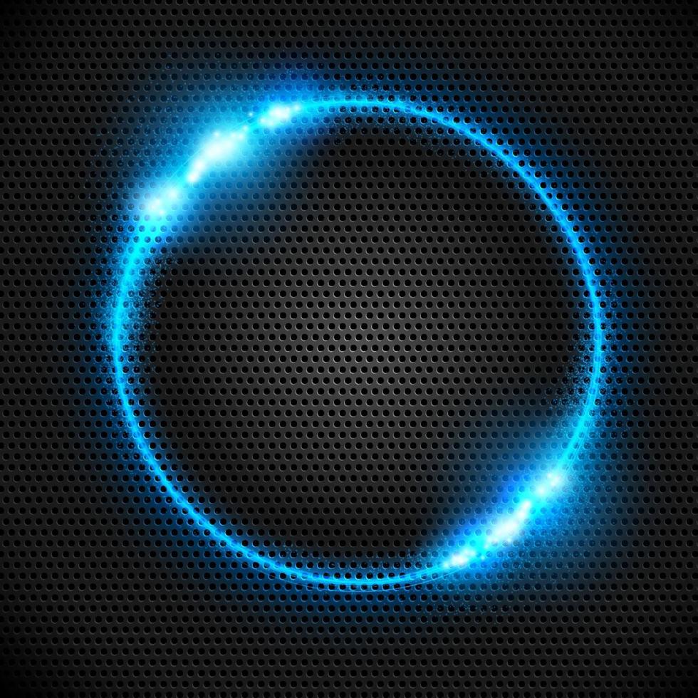 abstrait anneau de néon bleu doux sur fond de métal sombre. effet de lumière. le tourbillon de particules brillantes. éclairs de lumière sur le cercle d'émeraude. espace vide pour l'illustration text.vector. vecteur