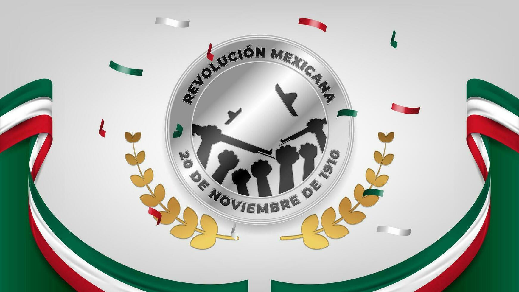 révolution mexicaine, 20 de noviembre de 1910 salutation avec argent plaque, nationale drapeau couleurs, et confettis vecteur