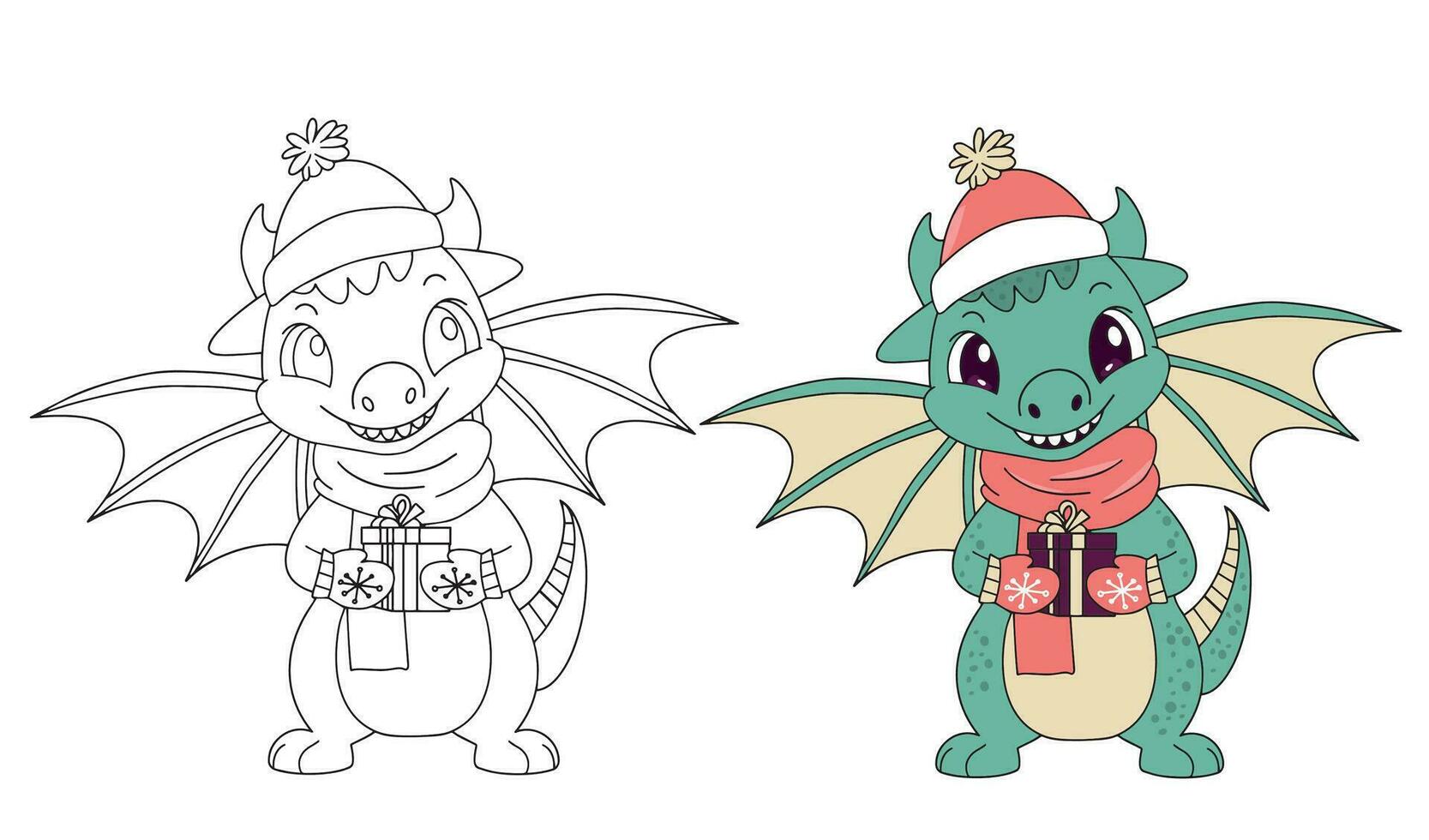mignonne dessin animé dragons portant une Père Noël chapeau sont en portant une cadeau. Nouveau année animal vecteur illustration sur blanc Contexte. coloration et Couleur version. vecteur