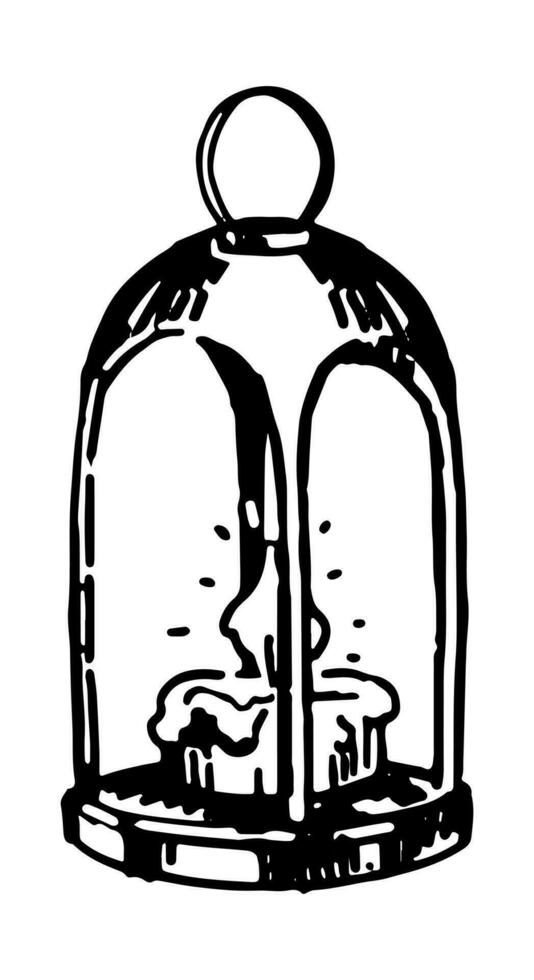 chandelier lanterne, avec une brûlant bougie. griffonnage de confortable pendaison vieux lampe. main tiré vecteur illustration. Célibataire contour agrafe art isolé sur blanche.