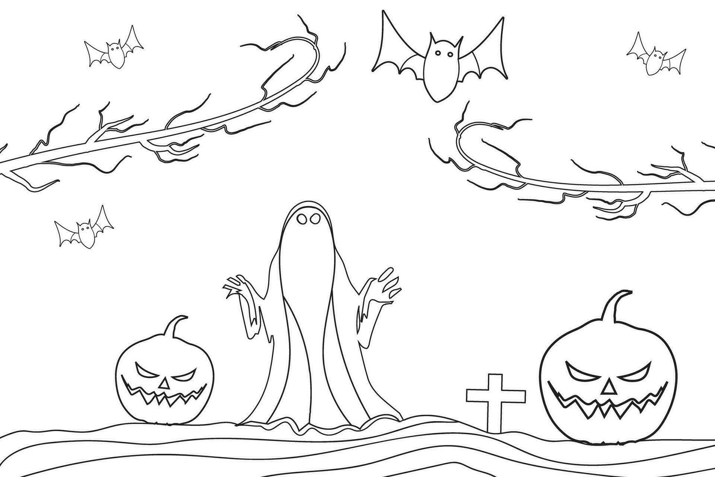 main tiré contour chassé arbre fantôme costume marrant citrouilles mouche chauve souris Halloween thème paysage coloration page, enfant dessin pour garderie marrant Halloween coloration feuilles, isolé humour arrière-plans vecteur